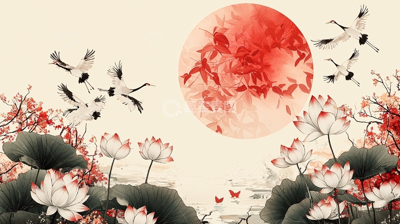 高清大图下载【趣麦麦图】红日荷花白鹤图