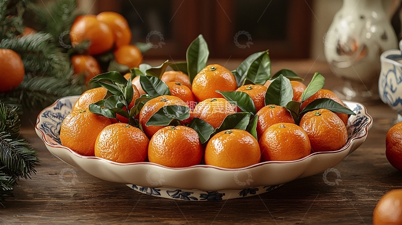 高清大图下载【趣麦麦图】盛满柑橘的复古瓷盘