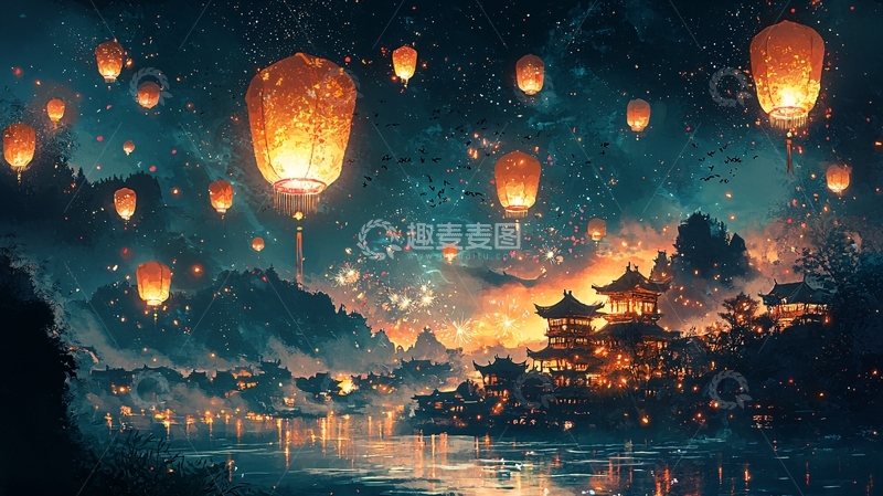 高清大图下载【趣麦麦图】夜空中飞舞的许愿灯笼