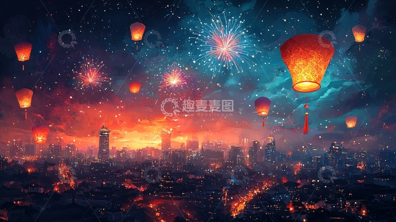 高清大图下载【趣麦麦图】夜空灯笼烟火城市夜景