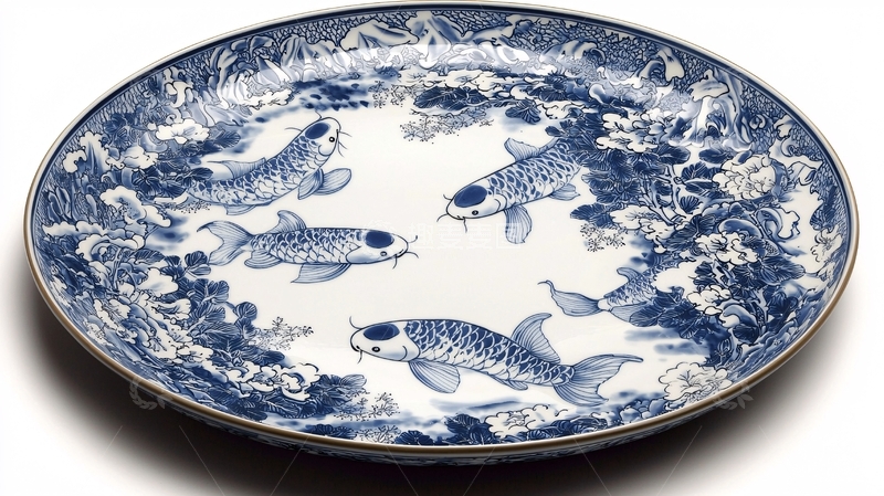 高清大图下载【趣麦麦图】青花瓷鱼盘
