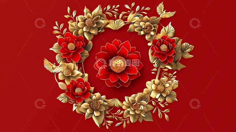 高清大图下载【趣麦麦图】红色背景金色花环