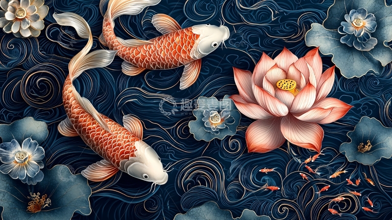 高清大图下载【趣麦麦图】水墨鲤鱼荷花图
