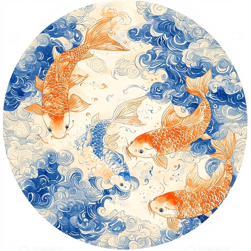 高清大图下载【趣麦麦图】蓝白水墨画鲤鱼图