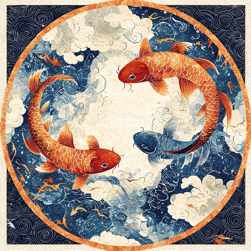 高清大图下载【趣麦麦图】圆形水墨画三条锦鲤