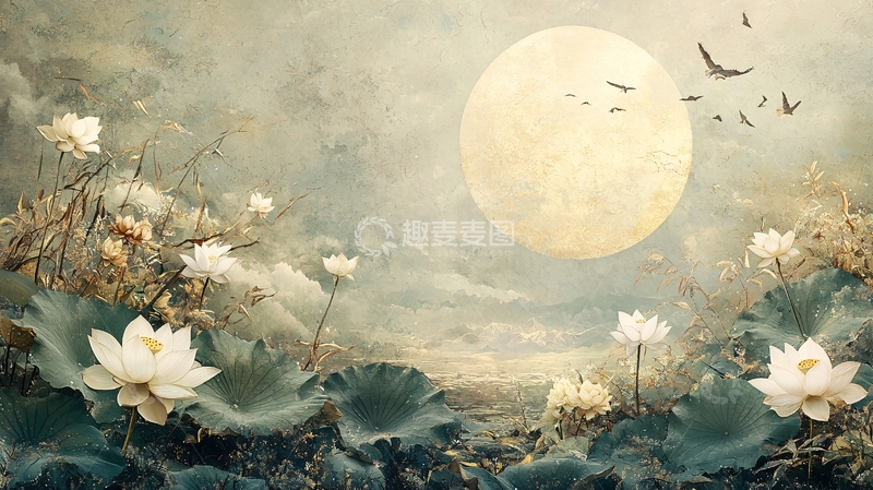 高清大图下载【趣麦麦图】水墨荷花月夜