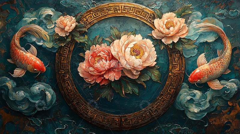 高清大图下载【趣麦麦图】水墨画风格锦鲤牡丹图