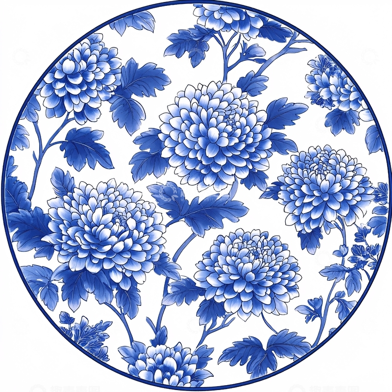 高清大图下载【趣麦麦图】青花瓷菊花图案