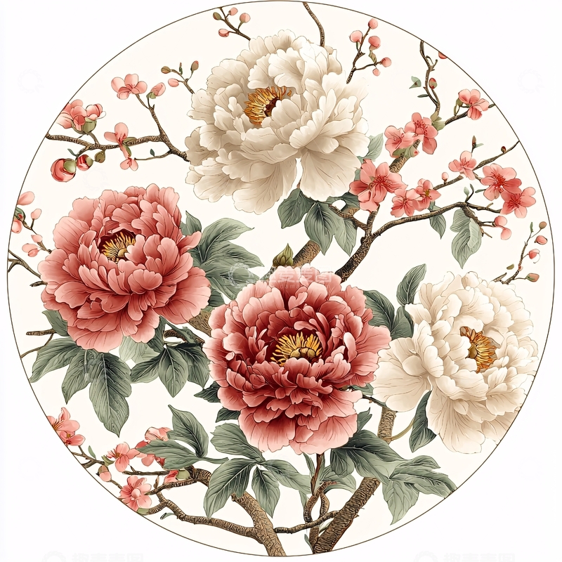 高清大图下载【趣麦麦图】圆形牡丹花卉图案