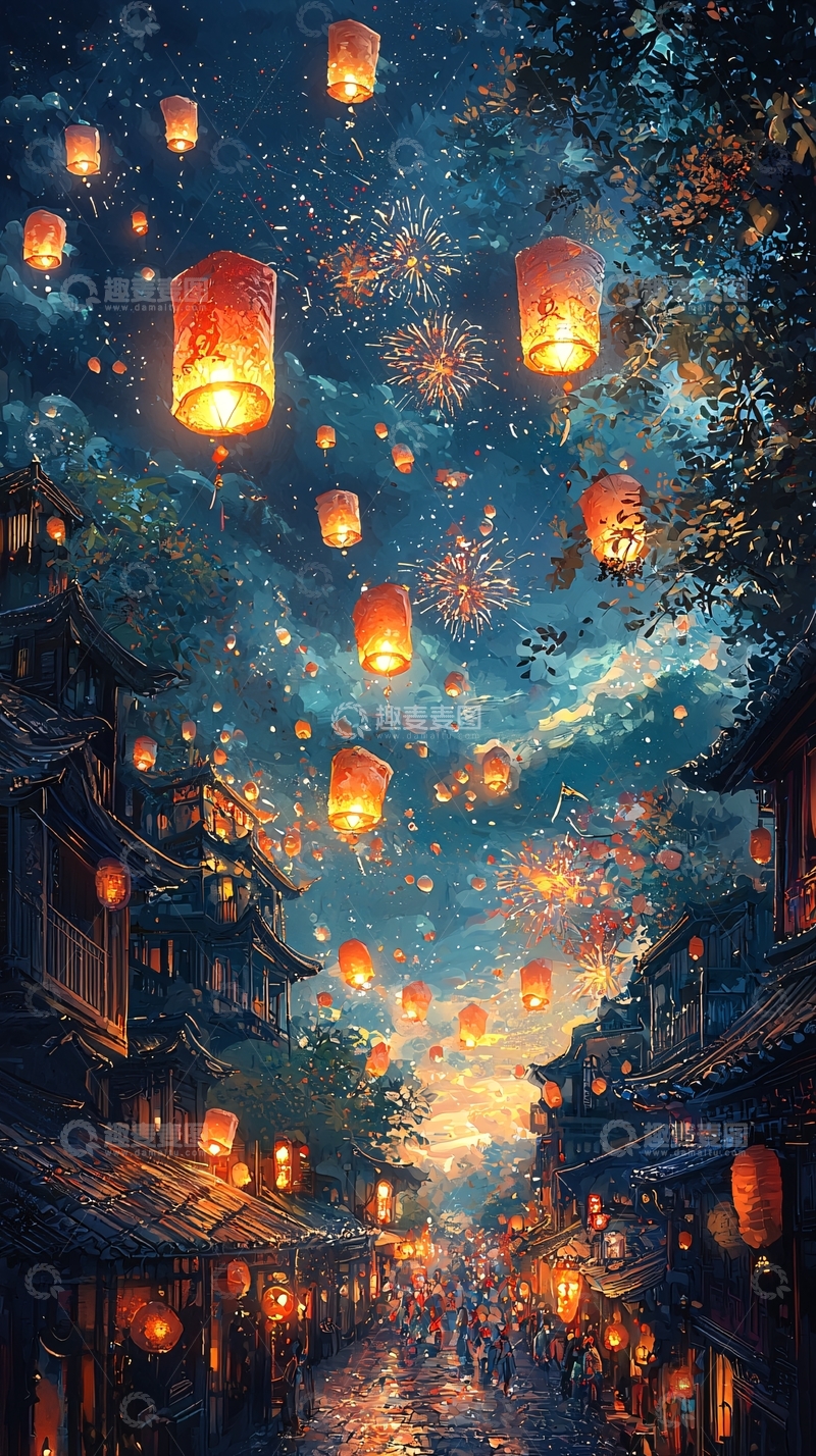 高清大图下载【趣麦麦图】夜空中飞舞的许愿灯笼