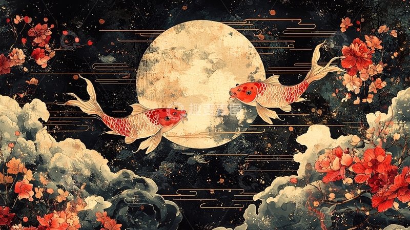 高清大图下载【趣麦麦图】水墨鲤鱼跃月图