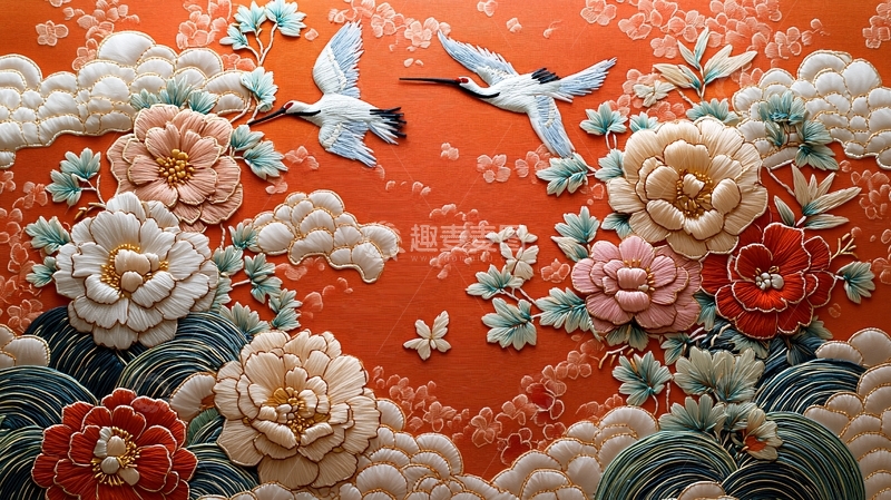 高清大图下载【趣麦麦图】祥云瑞鹤牡丹花纹背景图