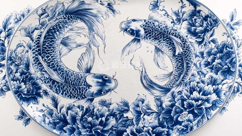 高清大图下载【趣麦麦图】蓝白瓷盘双鲤鱼牡丹图案