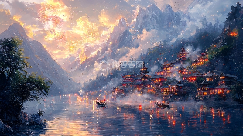 高清大图下载【趣麦麦图】山河夕照下的宁静小镇