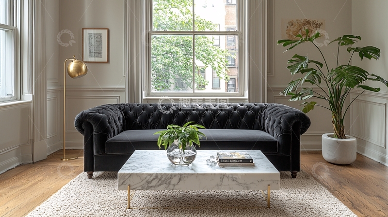 高清大图下载【趣麦麦图】黑色天鹅绒纽扣沙发