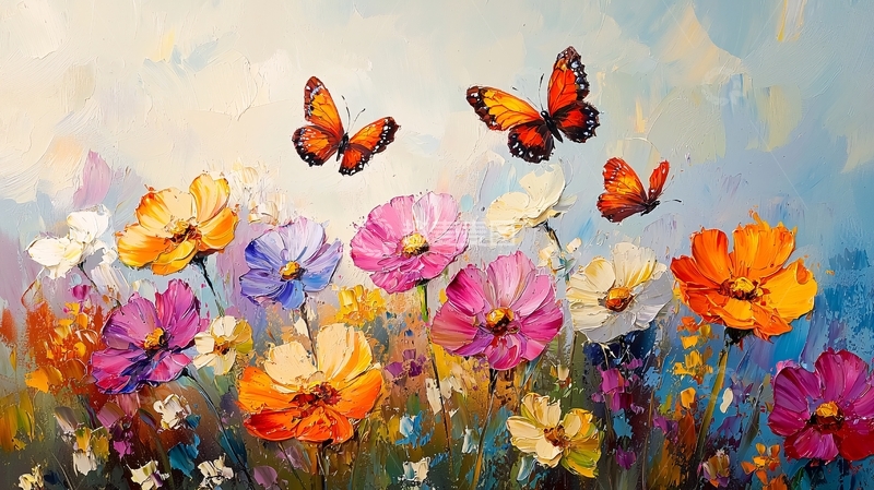 高清大图下载【趣麦麦图】油画鲜花蝴蝶风景