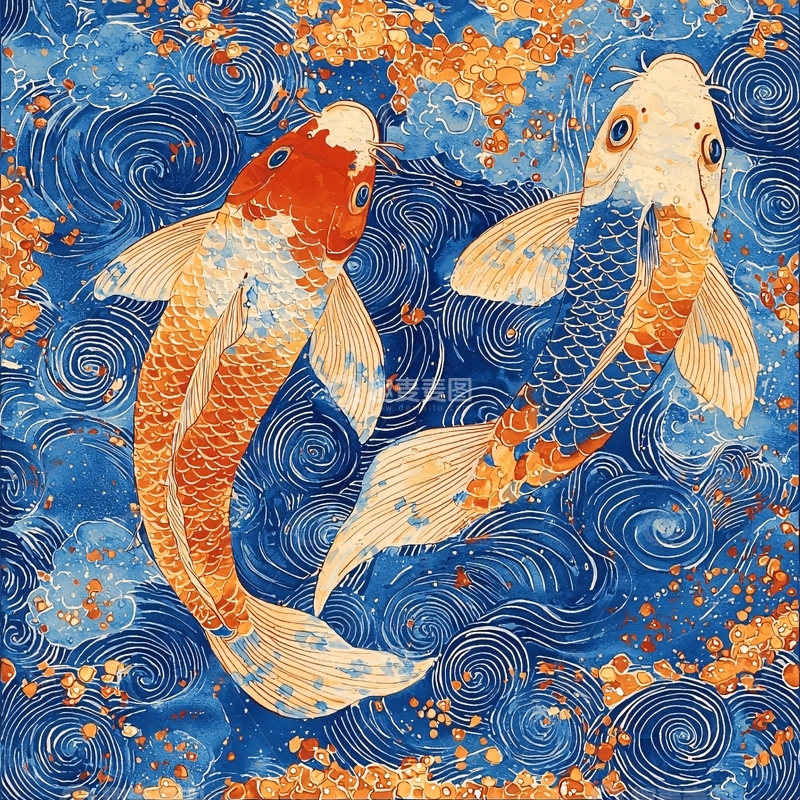 高清大图下载【趣麦麦图】蓝底金点两条锦鲤