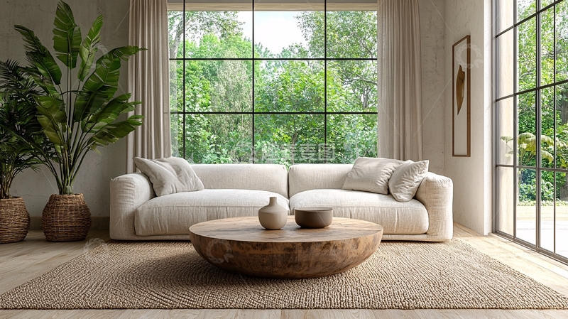 高清大图下载【趣麦麦图】极简风客厅落地窗大沙发