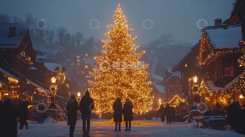 高清大图下载【趣麦麦图】雪夜圣诞树下的人群