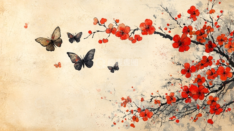 高清大图下载【趣麦麦图】红梅枝头蝴蝶飞舞