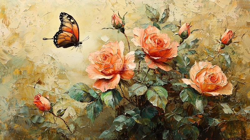 高清大图下载【趣麦麦图】油画玫瑰花蝴蝶