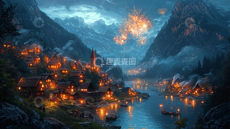 高清大图下载【趣麦麦图】山间小镇夜景