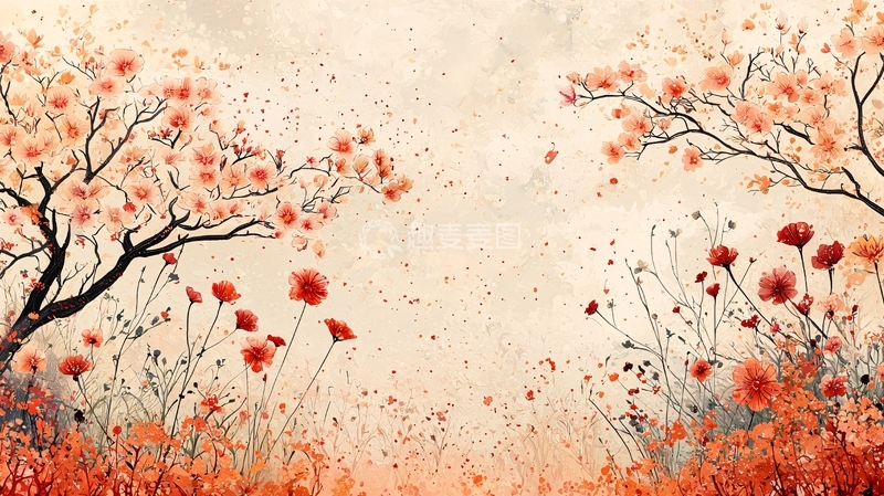 高清大图下载【趣麦麦图】红橙色花朵树枝背景图