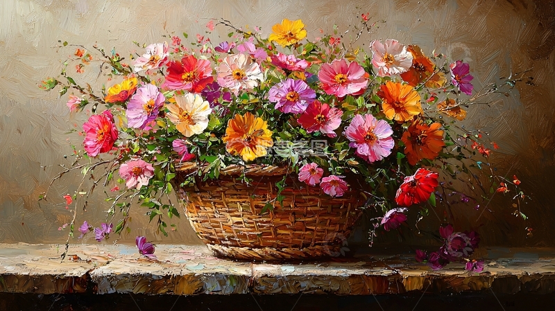 高清大图下载【趣麦麦图】彩色花卉花篮静物油画