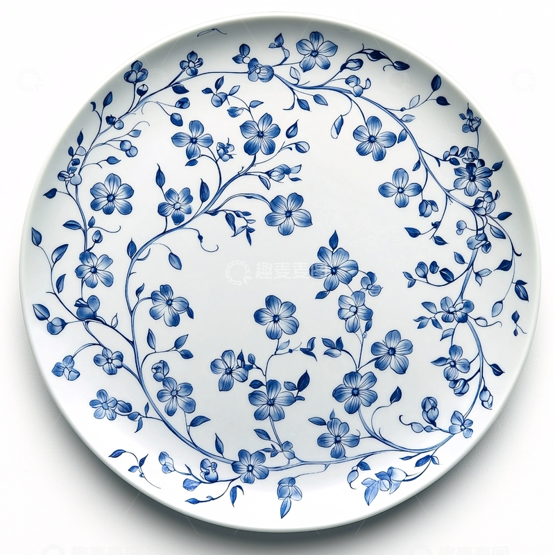 高清大图下载【趣麦麦图】蓝白瓷盘花卉图案