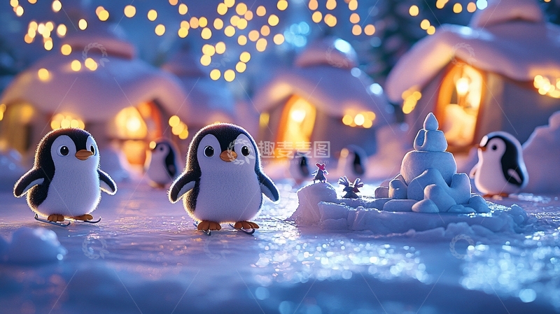 高清大图下载【趣麦麦图】冰雪小镇企鹅玩耍