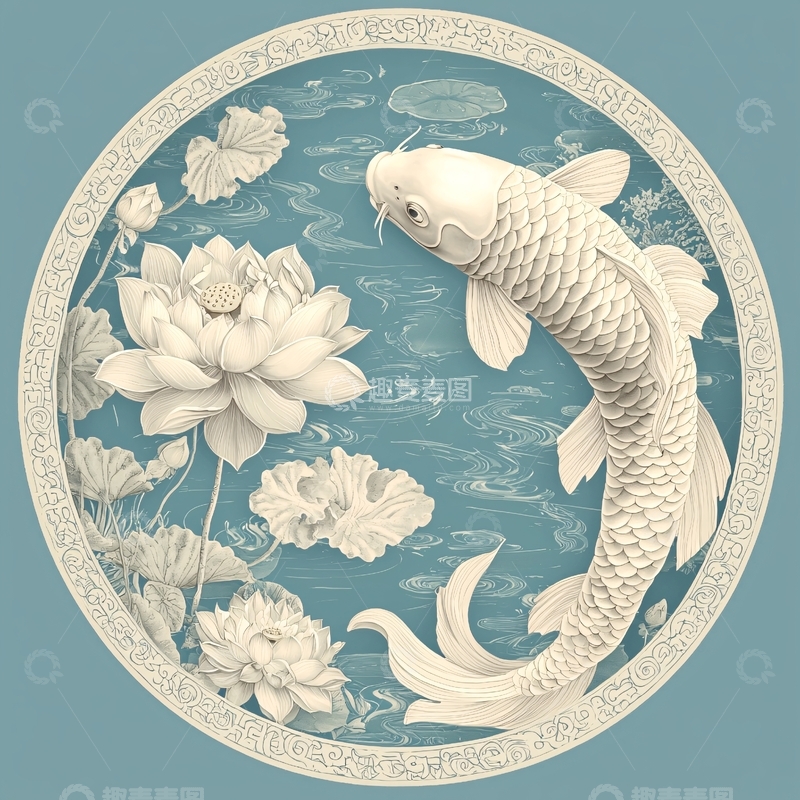 高清大图下载【趣麦麦图】圆形浮雕鲤鱼荷花图