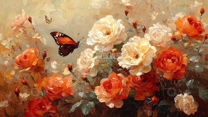 高清大图下载【趣麦麦图】油画玫瑰花蝴蝶静物