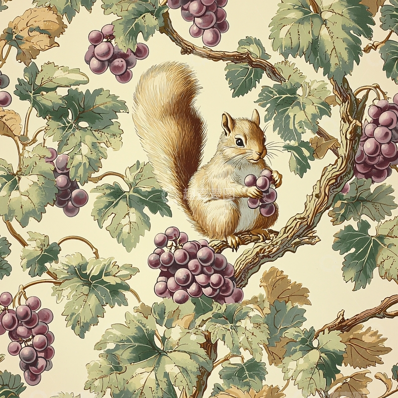 高清大图下载【趣麦麦图】小松鼠吃葡萄的复古图案