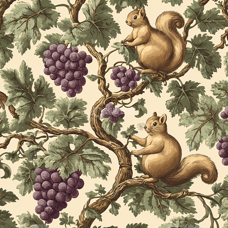 高清大图下载【趣麦麦图】松鼠葡萄藤蔓图案