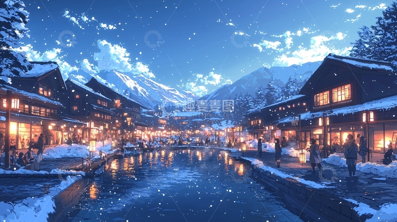 高清大图下载【趣麦麦图】冬夜雪景小镇