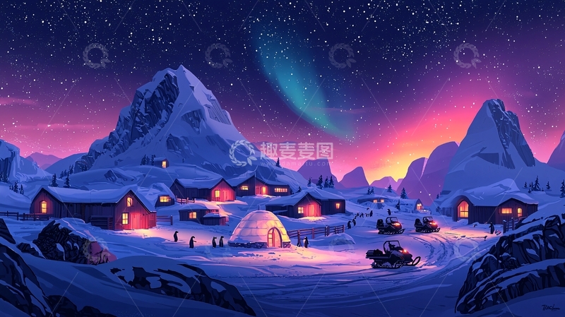 高清大图下载【趣麦麦图】极光下的雪山村庄