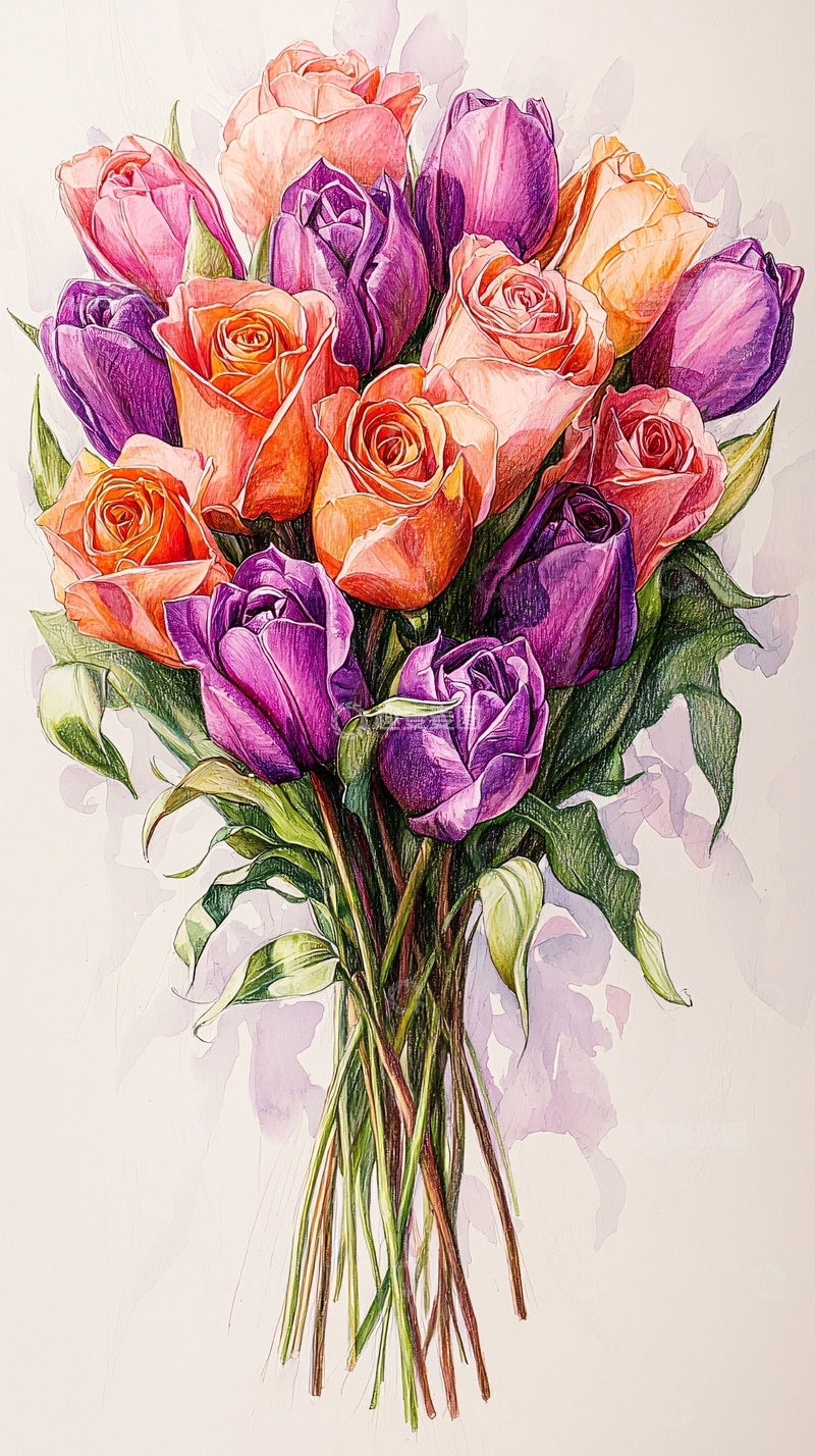 高清大图下载【趣麦麦图】水彩玫瑰郁金香花束