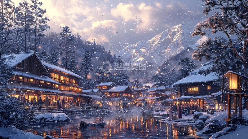 高清大图下载【趣麦麦图】雪山小镇夜景