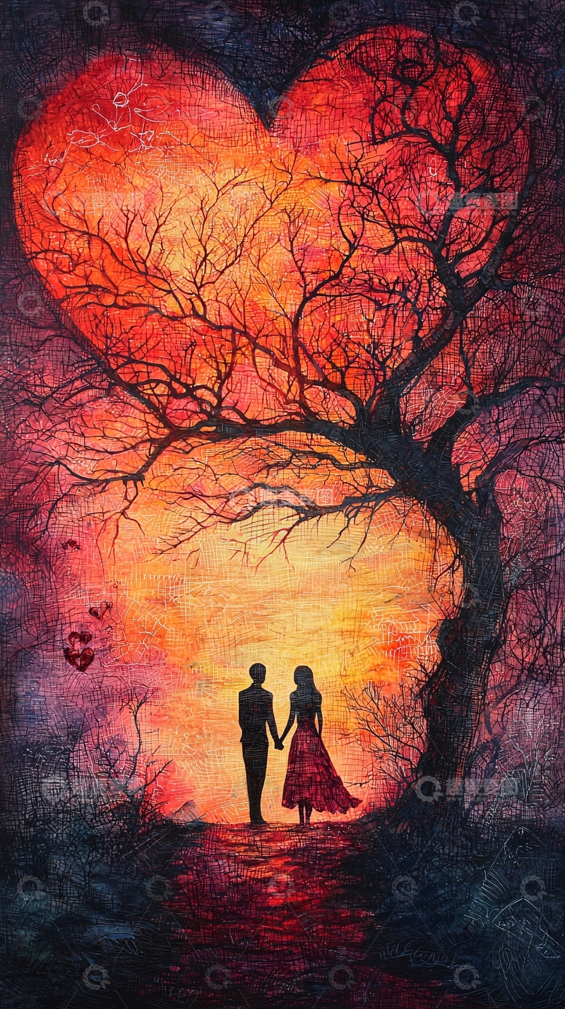 高清大图下载【趣麦麦图】爱心树下情侣剪影