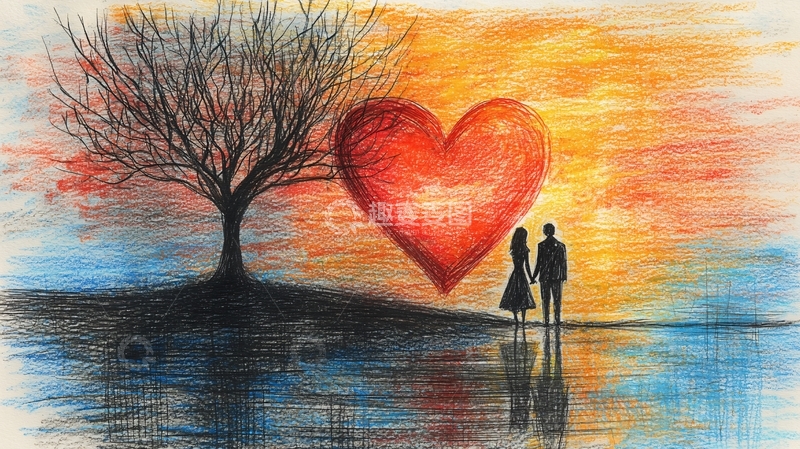 高清大图下载【趣麦麦图】日落情侣树下大红心