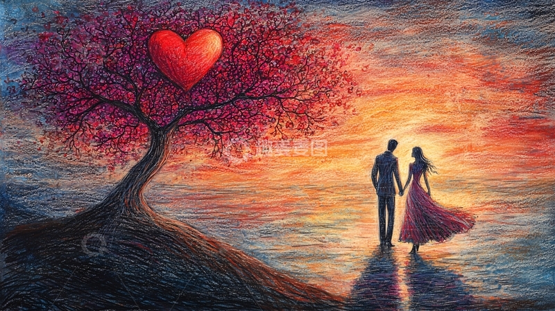 高清大图下载【趣麦麦图】日落情侣树爱情