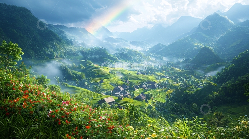 高清大图下载【趣麦麦图】彩虹山峦田园风光