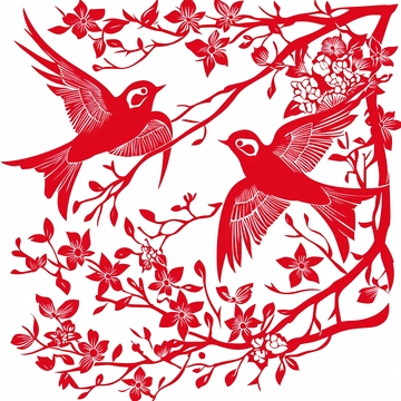 红纸剪纸双鸟花枝