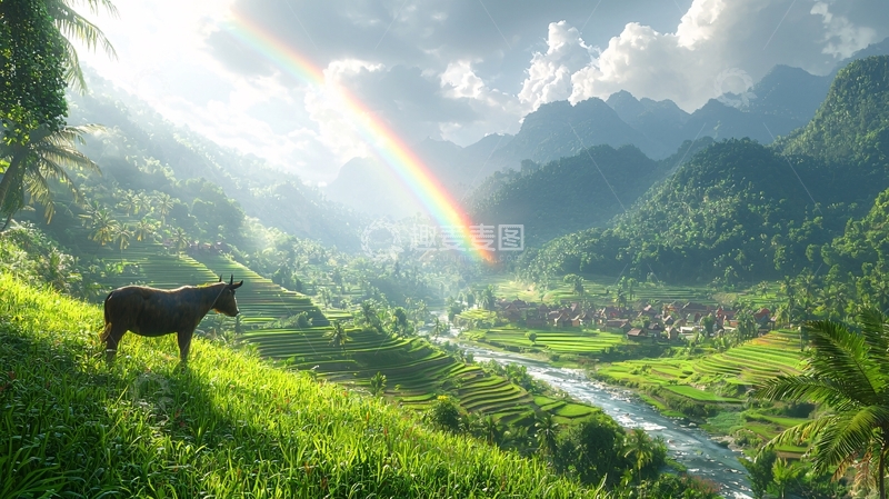 高清大图下载【趣麦麦图】彩虹山谷田园牧歌