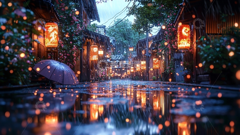 高清大图下载【趣麦麦图】雨夜古镇