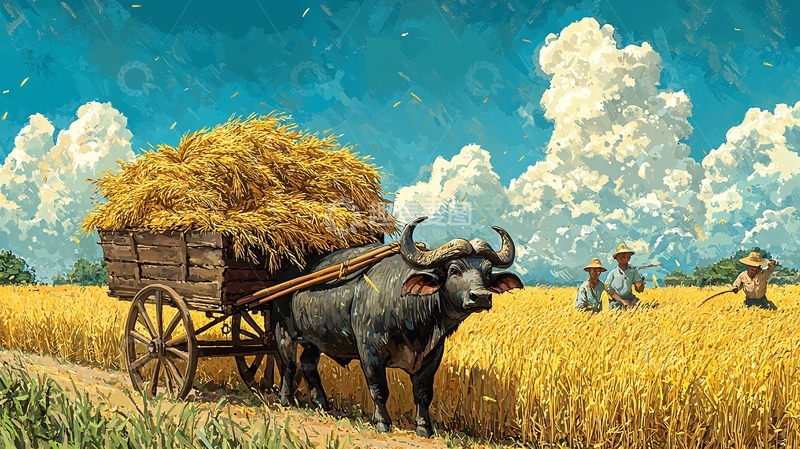 高清大图下载【趣麦麦图】水牛拉车收割稻谷