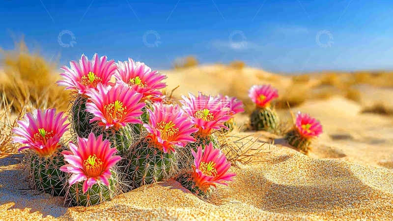 高清大图下载【趣麦麦图】沙漠仙人掌盛开粉色花朵
