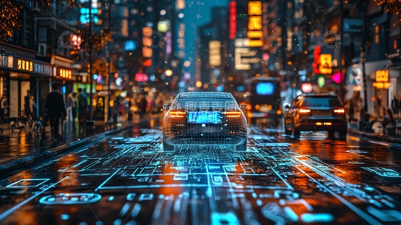 高清大图下载【趣麦麦图】夜景城市街道自动驾驶汽车