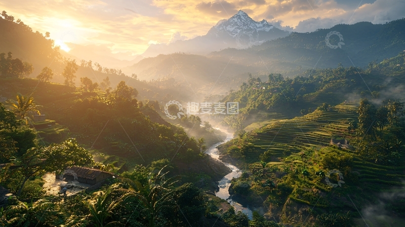 高清大图下载【趣麦麦图】青山绿水间的日出景色