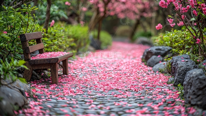 高清大图下载【趣麦麦图】小路上的木椅落英缤纷
